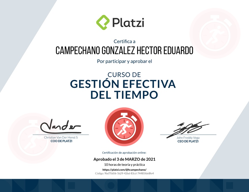 Diploma del Curso de Gestión Efectiva del Tiempo