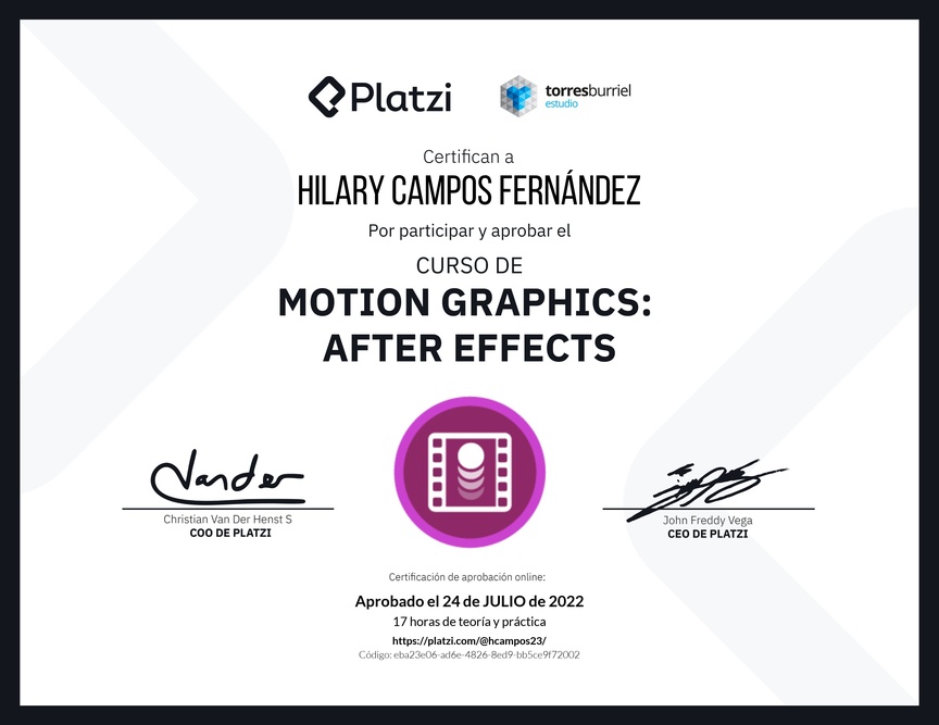 Diploma del Curso de Motion Graphics: After Effects