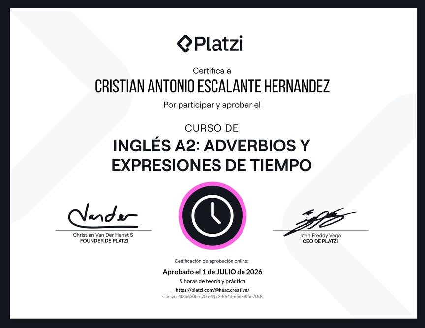 Diploma del Curso de Inglés Básico A2: Adverbios y Expresiones de Tiempo