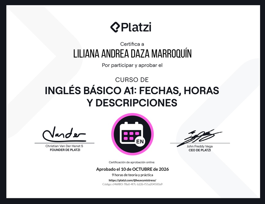 Diploma del Curso de Inglés Básico A1: Fechas, Horas y Descripciones