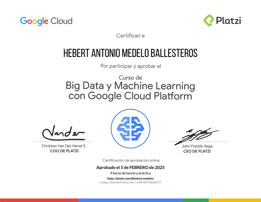 Diploma del Curso de Big Data y Machine Learning con Google Cloud Platform