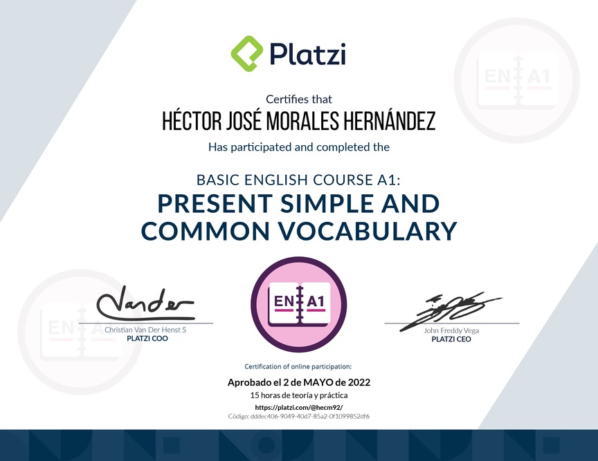 Diploma del Curso de Inglés Básico A1: Presente Simple y Vocabulario Común (2021)