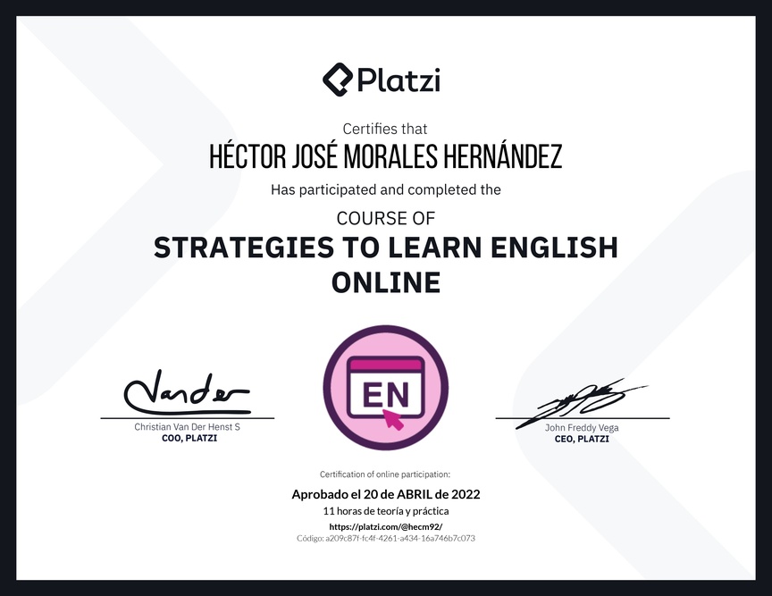 Diploma del Curso Gratis de Estrategias para Aprender Inglés en Línea