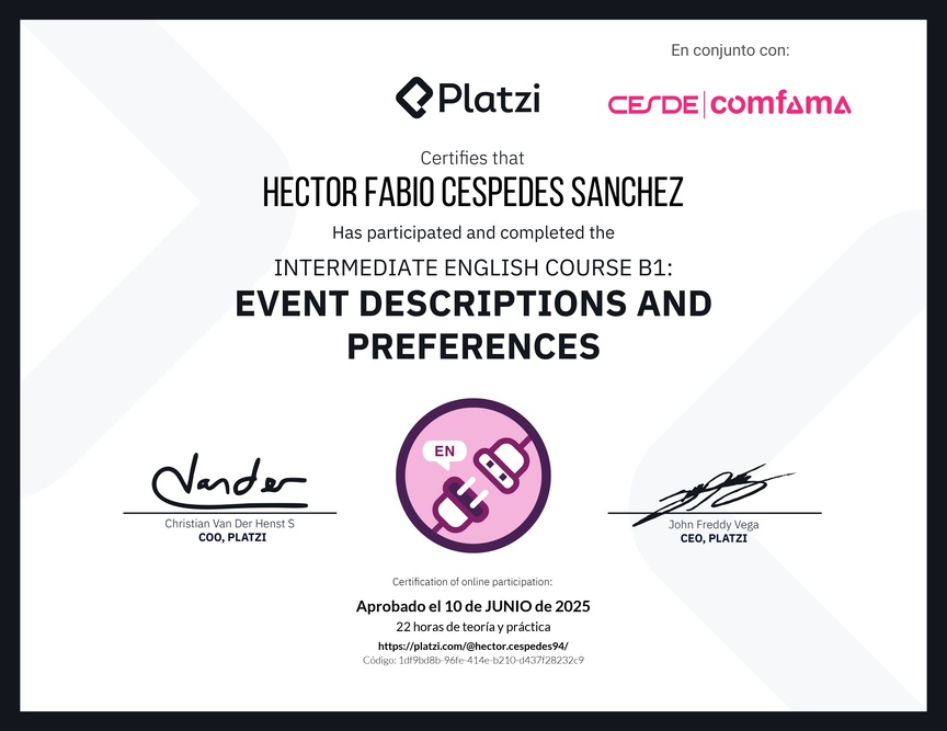 Diploma del Curso de Inglés Intermedio B1: Descripción de Eventos y Preferencias