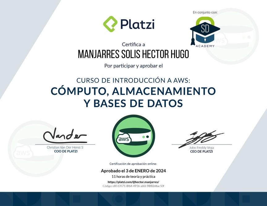 Diploma del Curso de Introducción a AWS: Cómputo, Almacenamiento y Bases de Datos