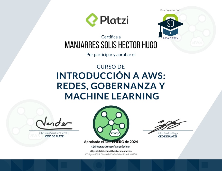 Diploma del Curso de Introducción a AWS: Redes, Gobernanza y Machine Learning