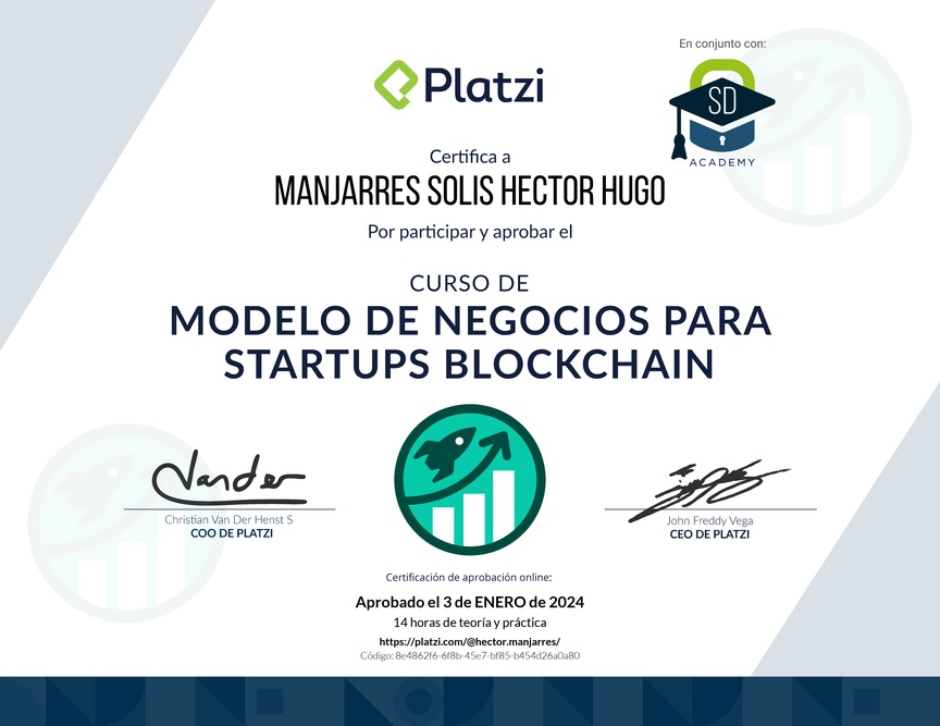 Diploma del Curso de Modelo de Negocio para Startups Blockchain
