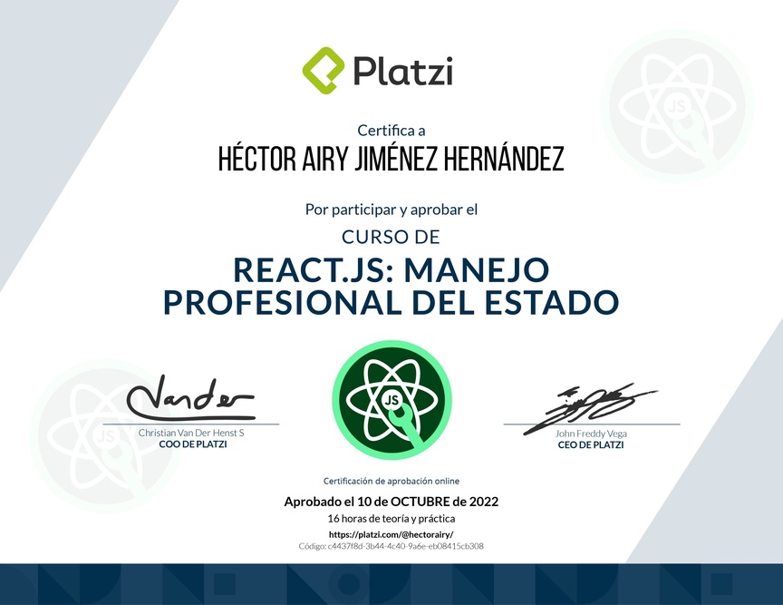 Diploma del Curso de React.js: Manejo Profesional del Estado