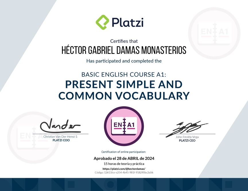 Diploma del Curso de Inglés Básico A1: Presente Simple y Vocabulario Común (2021)
