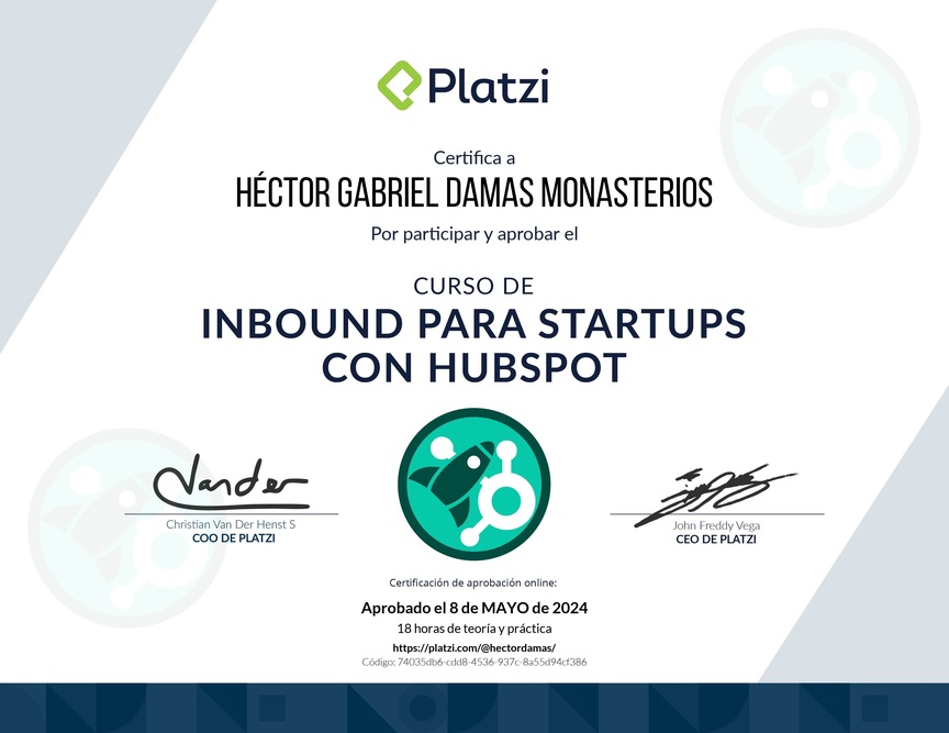 Diploma del Curso de Inbound para Startups con HubSpot