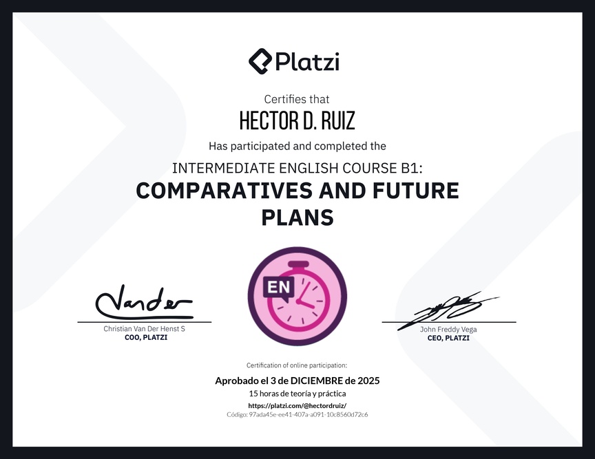 Diploma del Curso de Inglés Intermedio B1: Comparativos y Planes Futuros