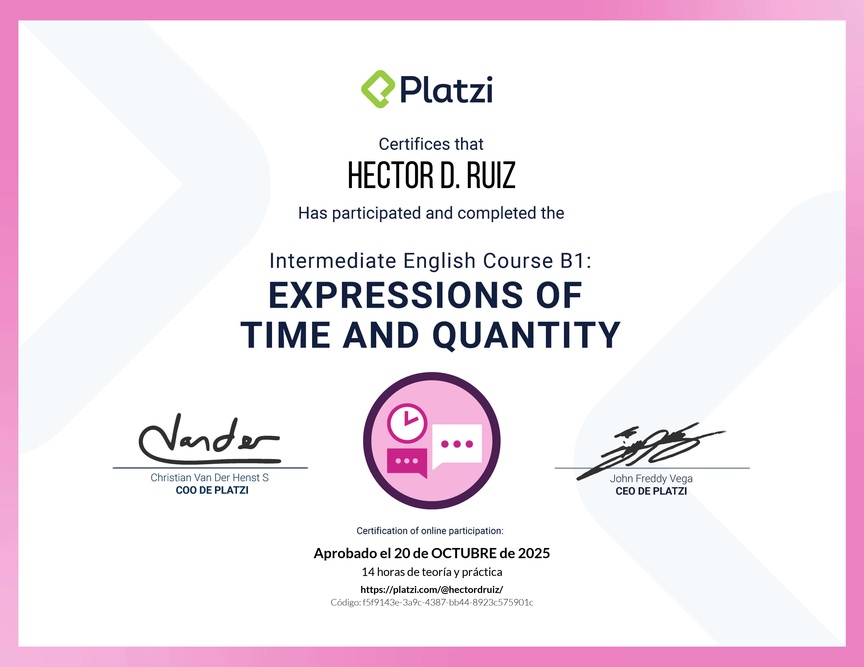 Diploma del Curso de Inglés Intermedio B1: Expresiones de Tiempo y Cantidad