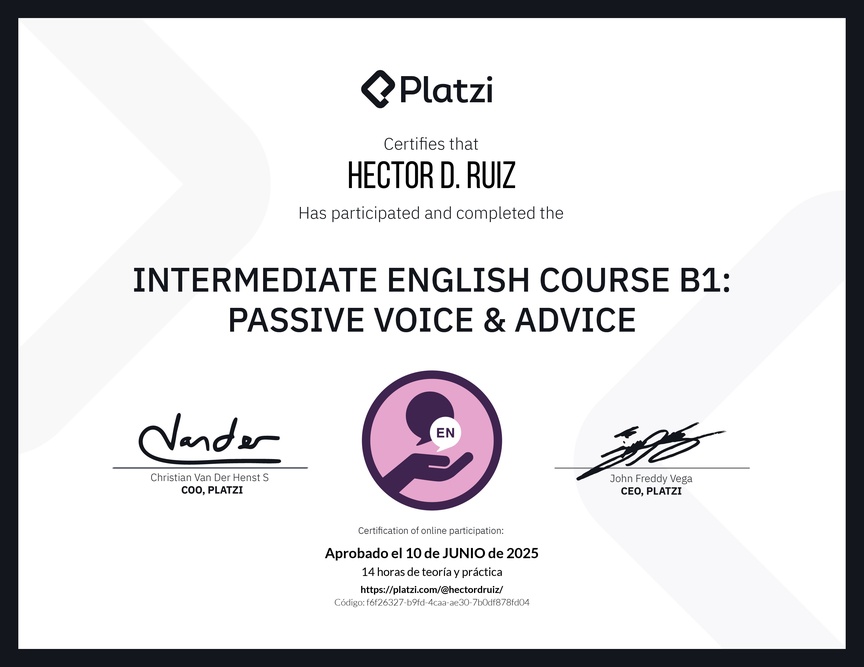 Diploma del Curso de Inglés Intermedio B1: Voz Pasiva y Consejos