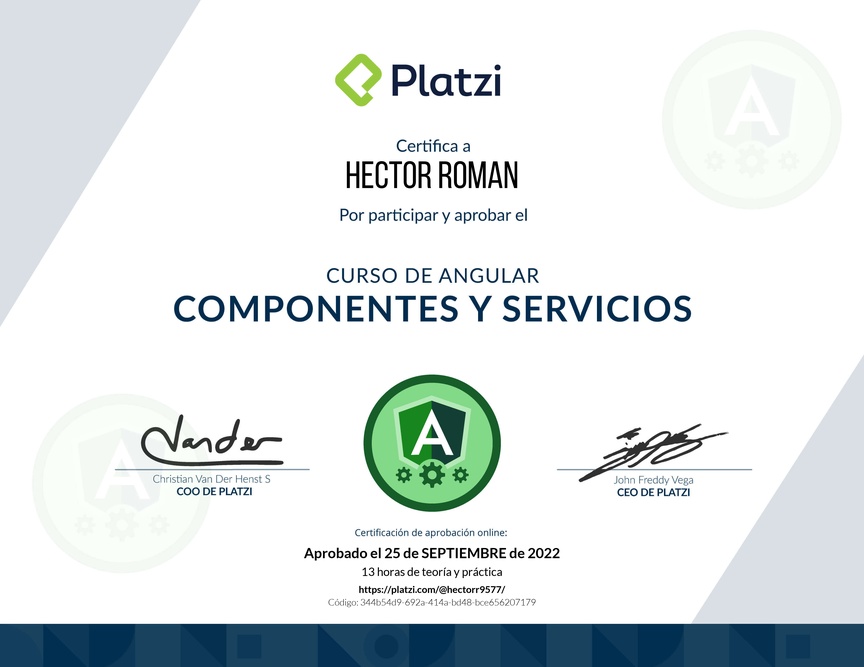 Diploma del Curso de Angular: Componentes y Servicios