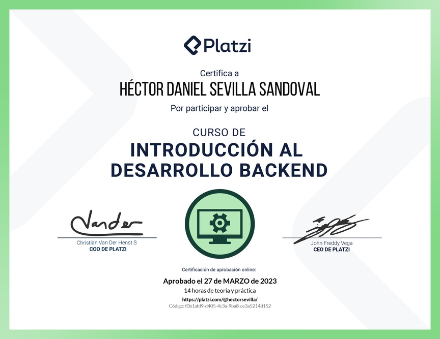 Diploma del Curso de Introducción al Desarrollo Backend