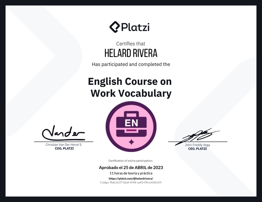 Diploma del Curso de Vocabulario en Inglés para el Trabajo