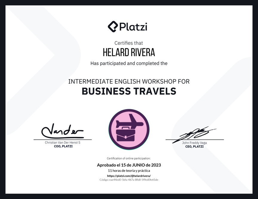 Diploma del Curso de Inglés Práctico para Viajes de Negocios