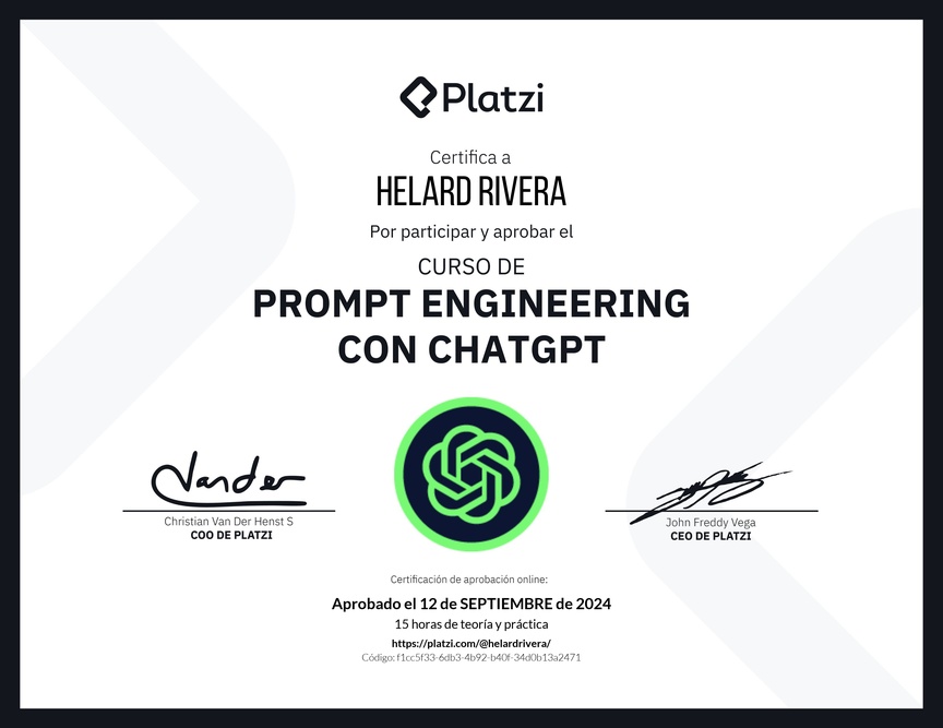 Diploma del Curso de Prompt Engineering con ChatGPT