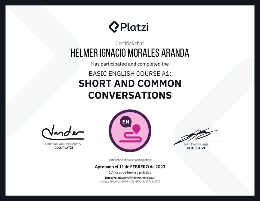 Diploma del Curso de Inglés Básico A1: Conversaciones Cortas y Habituales (2020)
