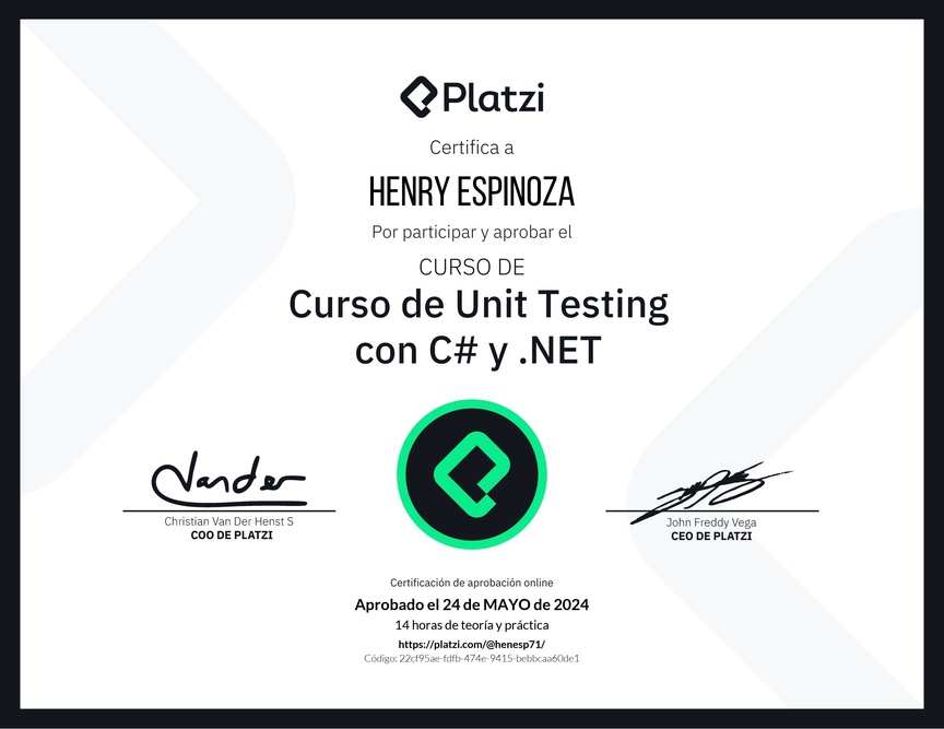 Diploma del Curso de Unit Testing con C# y .NET