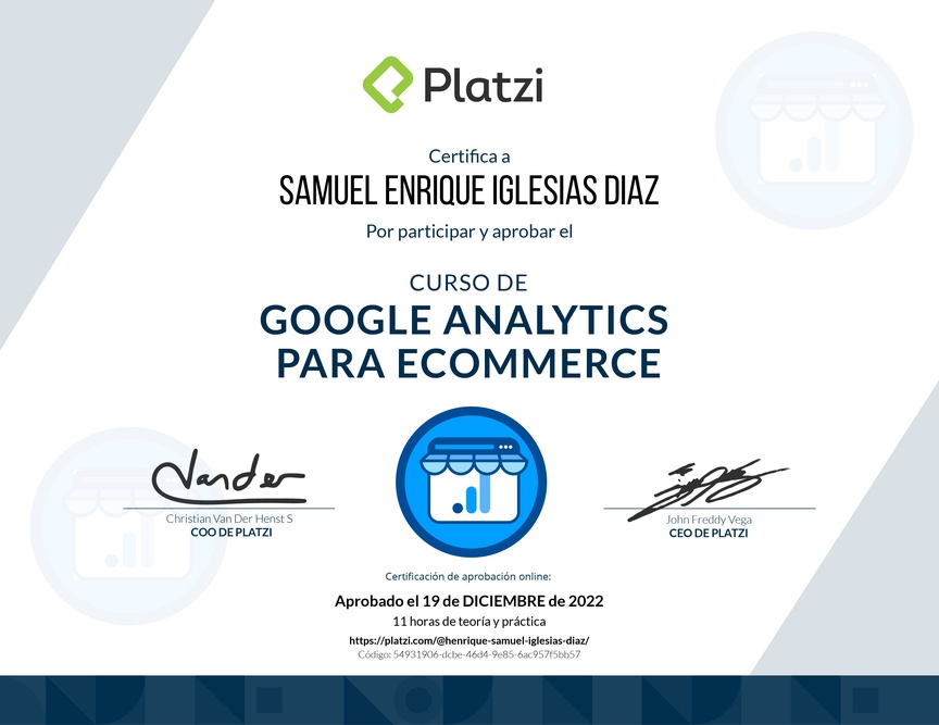 Diploma del Curso de Análisis de Reportes de Ecommerce con Google Analytics