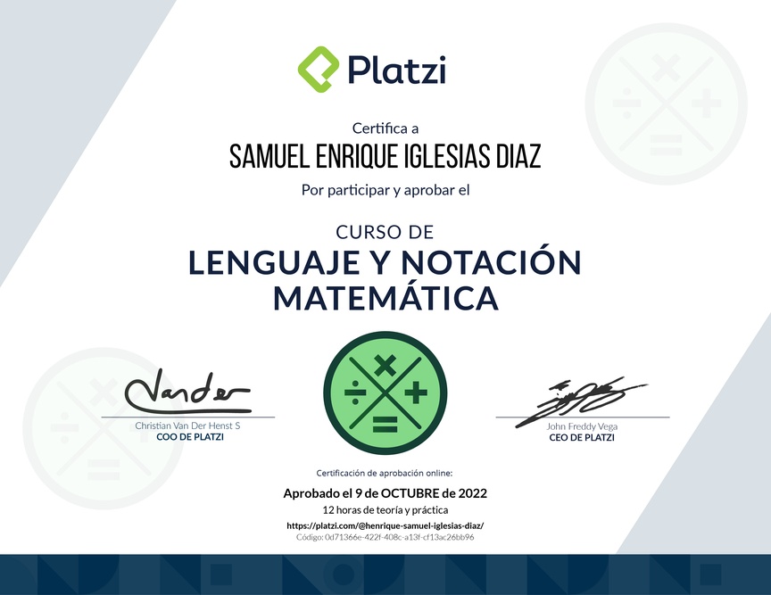 Diploma del Curso de Lenguaje y Notación Matemática