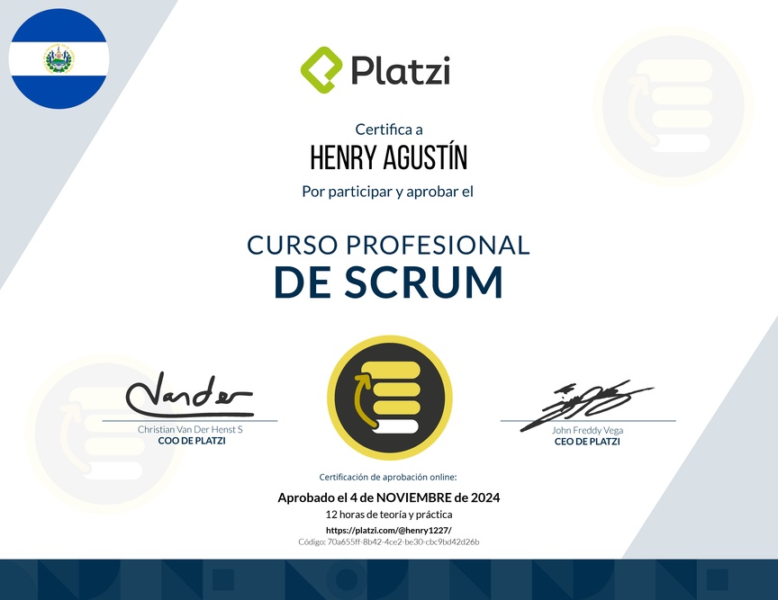 Diploma del Curso Profesional de Scrum