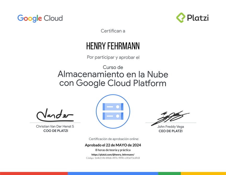 Diploma del Curso de Almacenamiento en la Nube con Google Cloud Platform