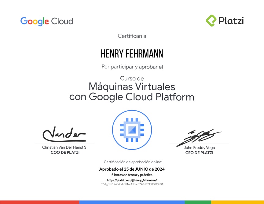 Diploma del Curso de Máquinas Virtuales con Google Cloud Platform