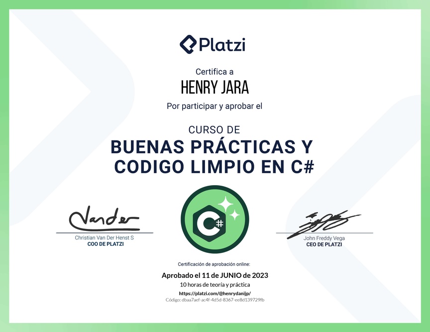 Diploma del Curso de Buenas Prácticas y Código Limpio en C#