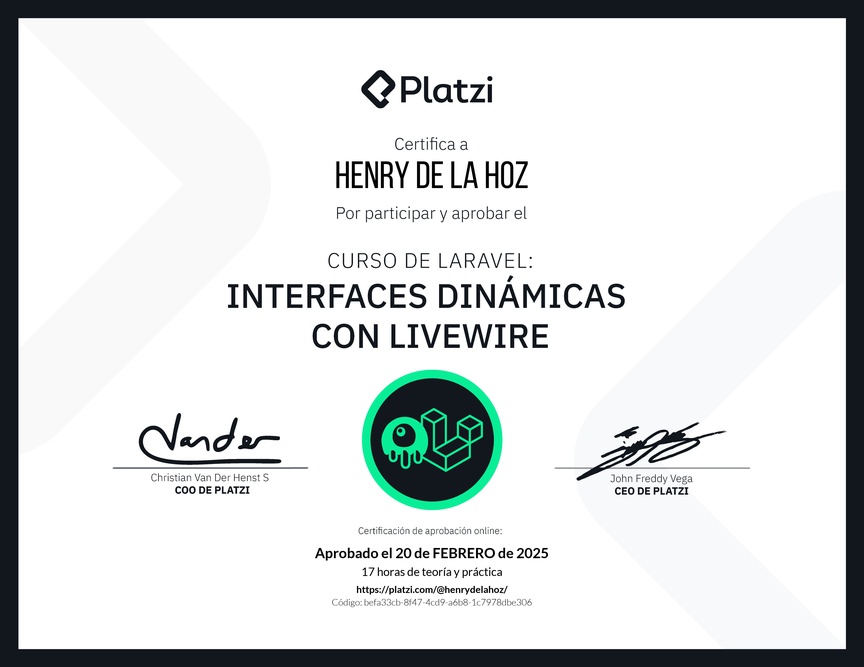 Diploma del Curso de Interfaces Dinámicas con Laravel Livewire