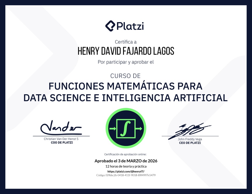 Diploma del Curso de Funciones Matemáticas para Data Science e Inteligencia Artificial