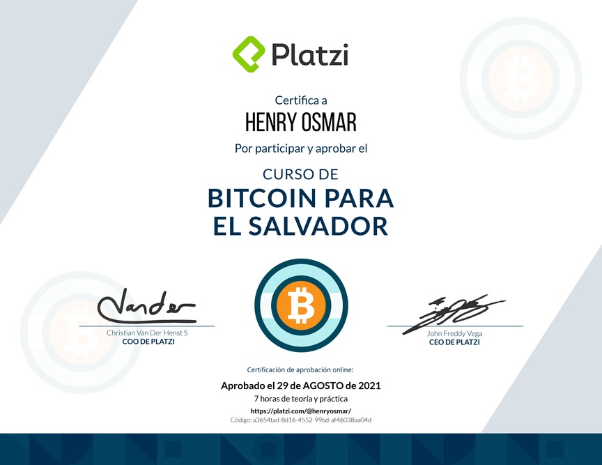 Diploma del Curso de Bitcoin para El Salvador