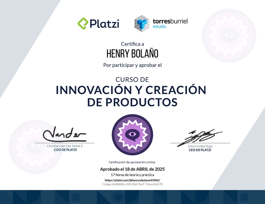 Diploma del Curso de Innovación y Creación de Productos