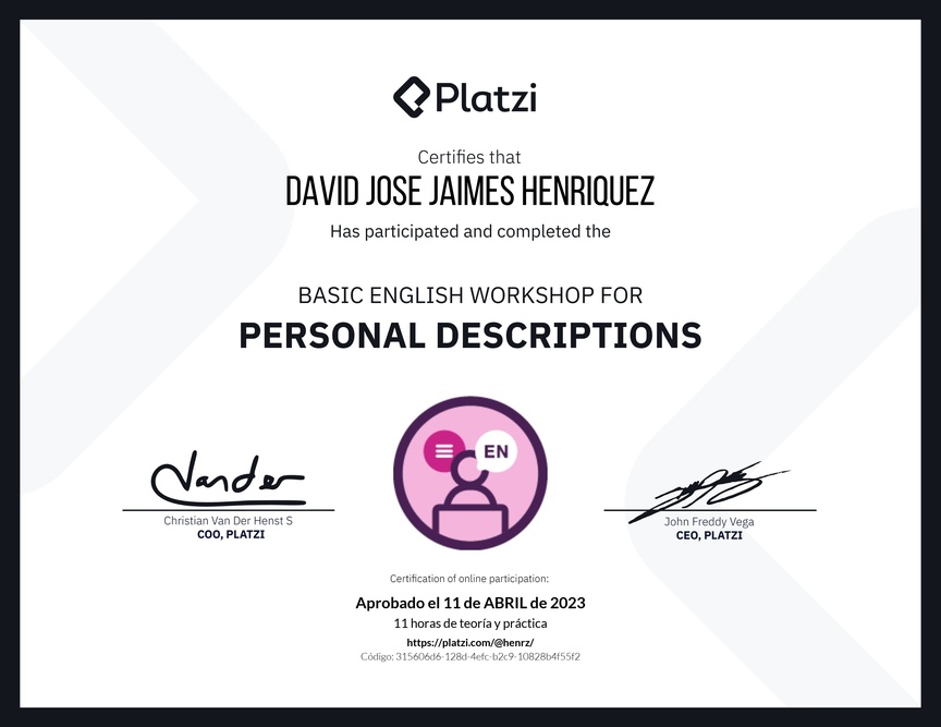 Diploma del Curso de Inglés Práctico para Descripciones Personales (2020=