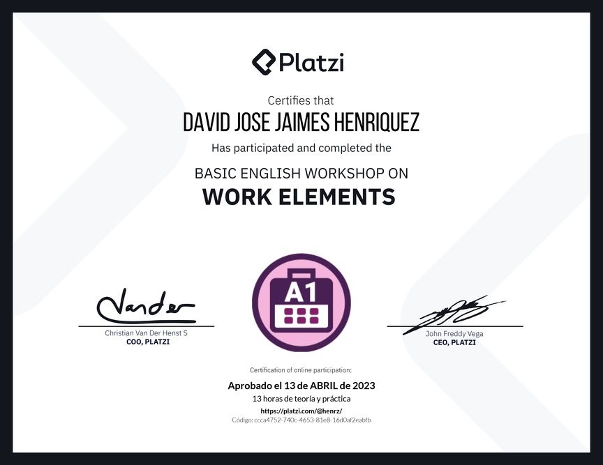 Diploma del Curso de Inglés Práctico sobre Elementos de Trabajo