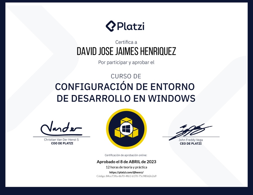 Diploma del Curso de Configuración de Entorno de Desarrollo en Windows