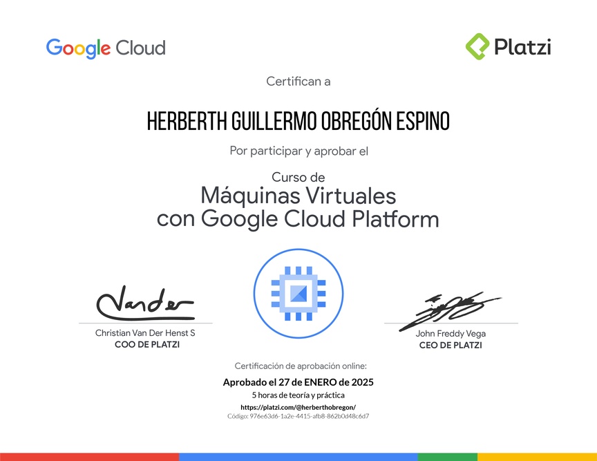Diploma del Curso de Máquinas Virtuales con Google Cloud Platform
