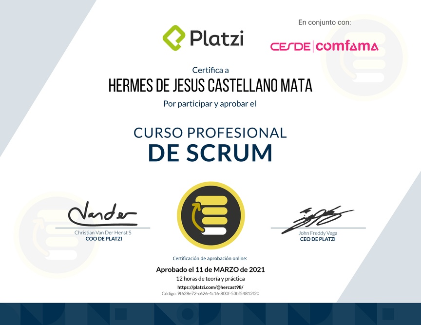 Diploma del Curso Profesional de Scrum
