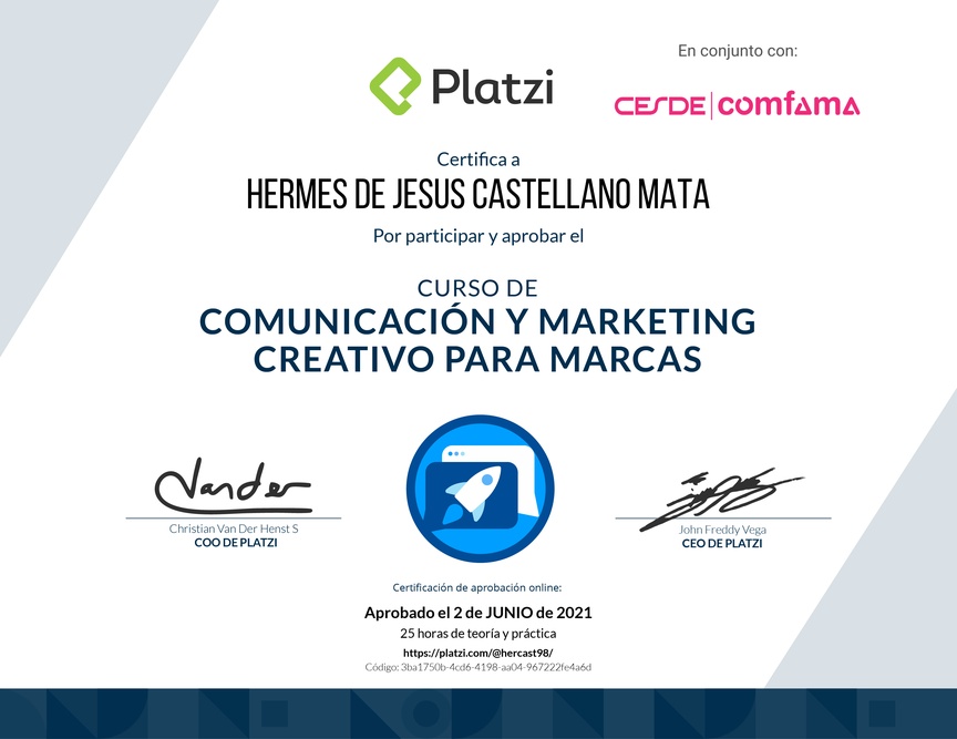 Diploma del Curso de Desarrollo de Estrategias Creativas de Comunicación para Marcas