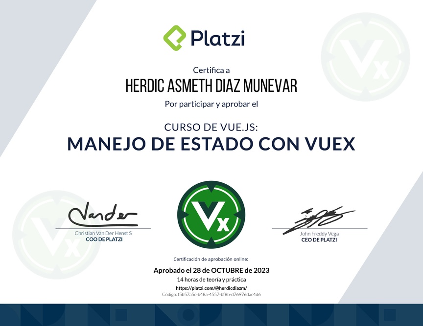 Diploma del Curso de Vue.js: Manejo del Estado con Vuex