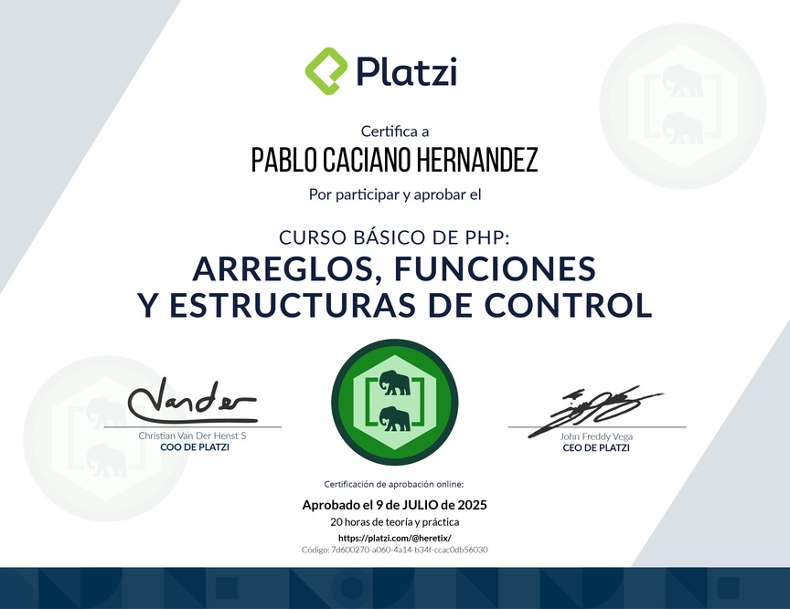 Diploma del Curso de PHP: Arreglos, Funciones y Estructuras de Control