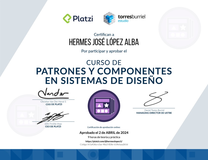 Diploma del Curso de Patrones y Componentes en Sistemas de Diseño