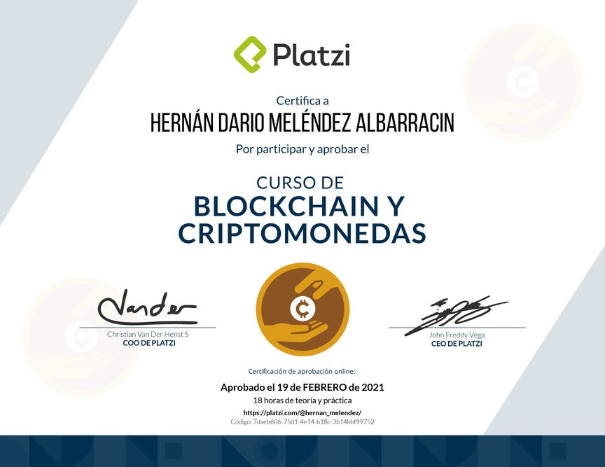 Diploma del Curso de Blockchain y Criptomonedas 2018