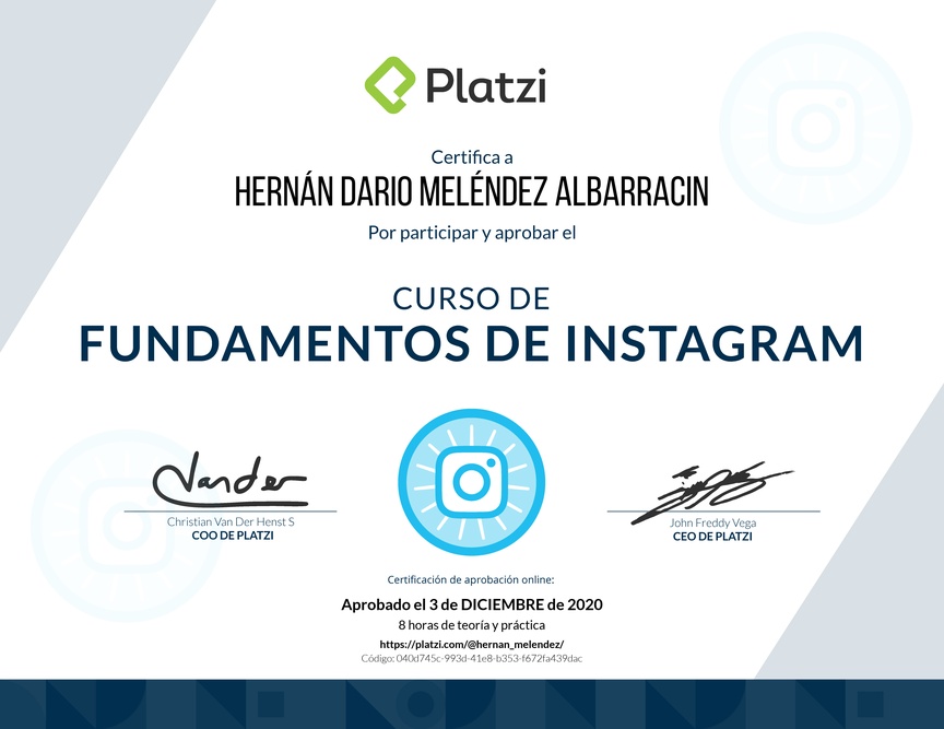 Diploma del Curso de Fundamentos de Instagram