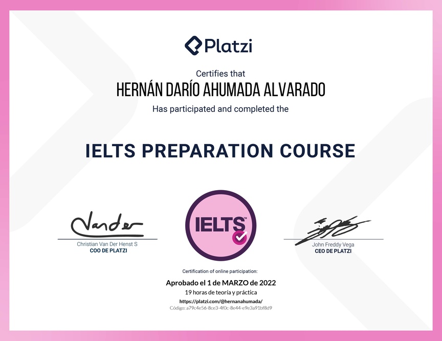 Diploma del Curso de Inglés para Preparación de IELTS (2020)