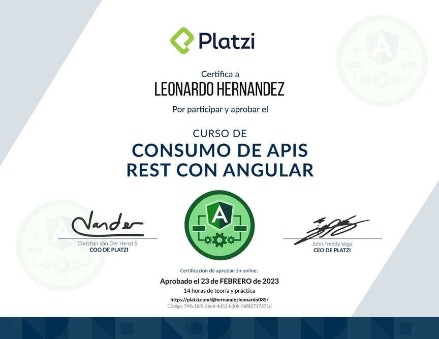 Diploma del Curso de Consumo de APIs REST con Angular