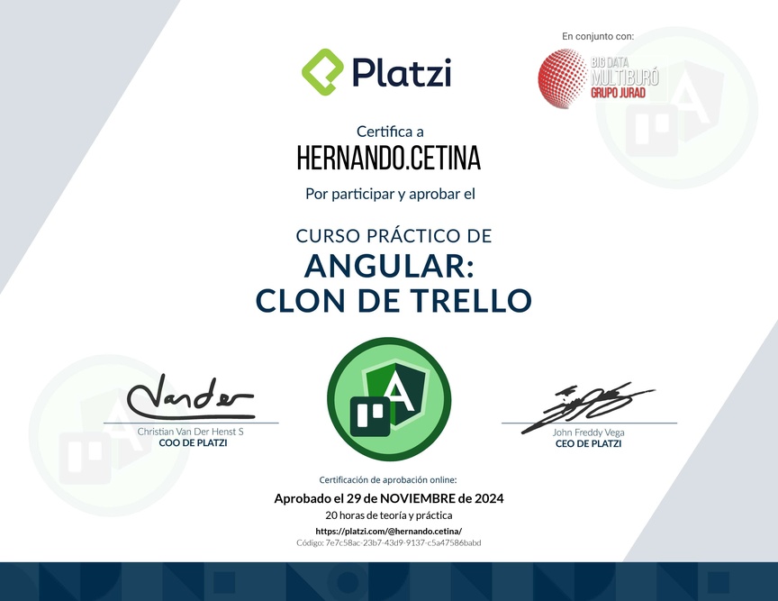 Diploma del Curso Práctico de Angular: Construye un Clon de Trello