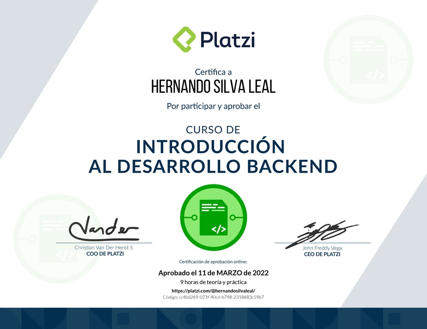 Diploma del Curso de Introducción al Desarrollo Backend