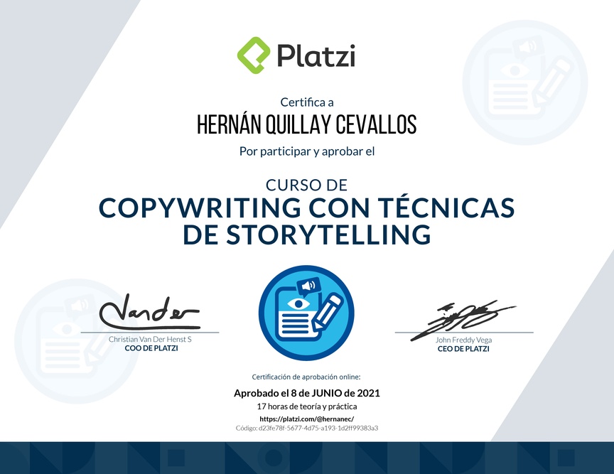 Diploma del Curso de Copywriting con Técnicas de Storytelling